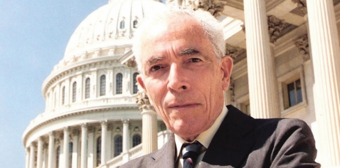 Close-up photo of Rhode Island Senator Claiborne de Borda Pell outside of the Capitol building in Washington, D.C.