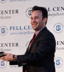 Danny Strong reacts while receiving his award from Sister Jane Gerety during the Story in the Public Square Conference at Salve.