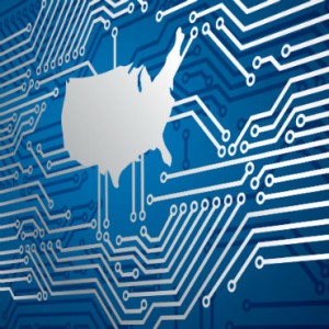 Outline of the United States centered on a microchip