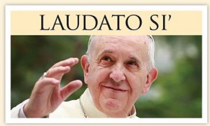 Close up of Pope Francis and the Latin phrase Laudato Si'