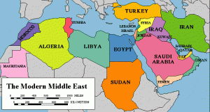 Map with the modern day Middle Eastern countries highlighted