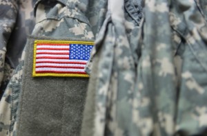 Close up of a United States Army uniform and its American flag patch