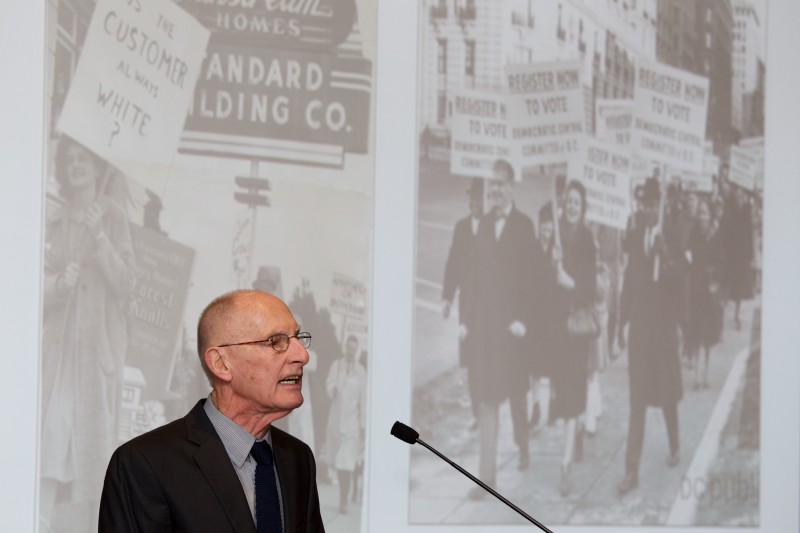 Dr. William Issel, the John E. McGinty chair in History delivers his lecture on peace and justice in the 1960s from the podium in Bazarsky Lecture Hall.