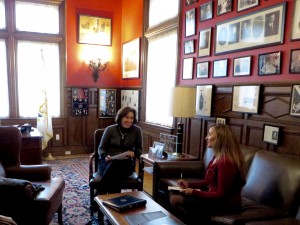 Candid photograph of Pell Center Senior Fellow Francesca Spidalieri interviewing adjunct fellow Ellen Giblin.