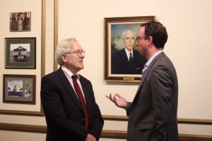 Pell Center Executive Director Jim Ludes speaks candidly with colleague and visiting fellow G. Wayne Miller during a podcast.