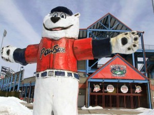 Photo of the Pawtucket Red Sox mascot, Paws, outside of McCoy Stadium in Pawtucket, RI.