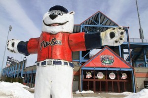 Photo of the Pawtucket Red Sox mascot, Paws, outside of McCoy Stadium in Pawtucket, RI.