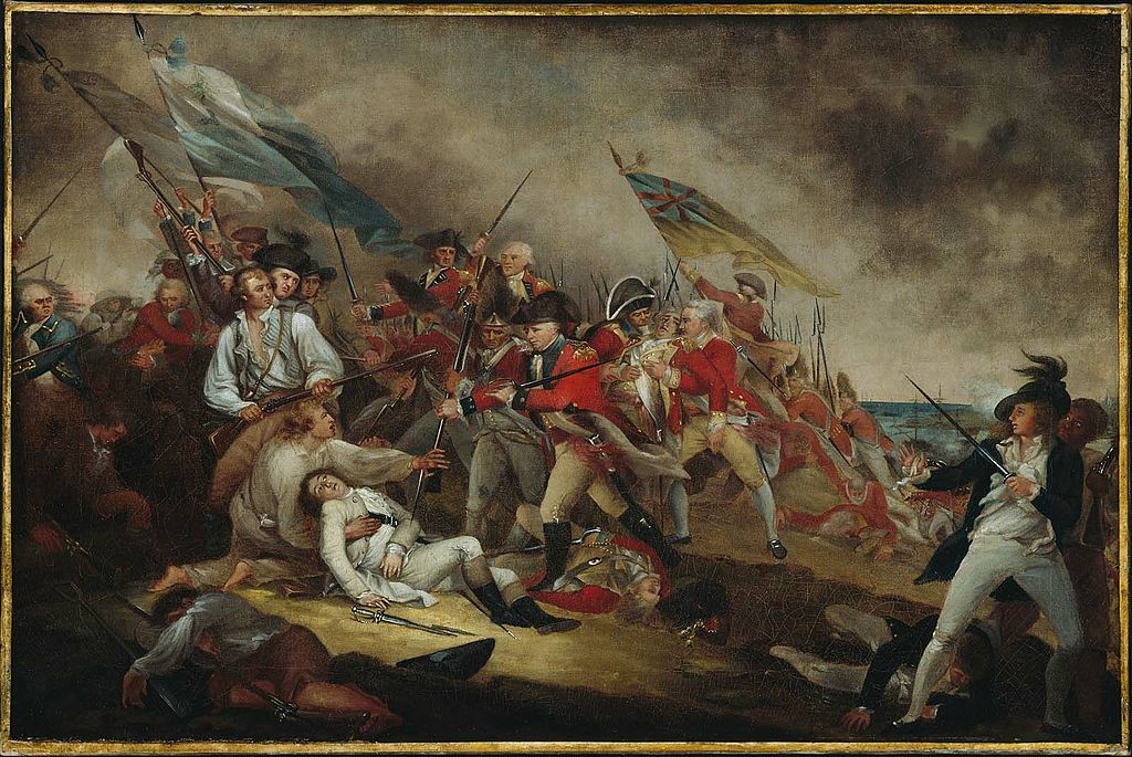 Painting by John Trumbull depicting The Death of General Warren at the Battle of Bunker's Hill on June 17, 1775 among fellow soldiers still engaged in warfare.