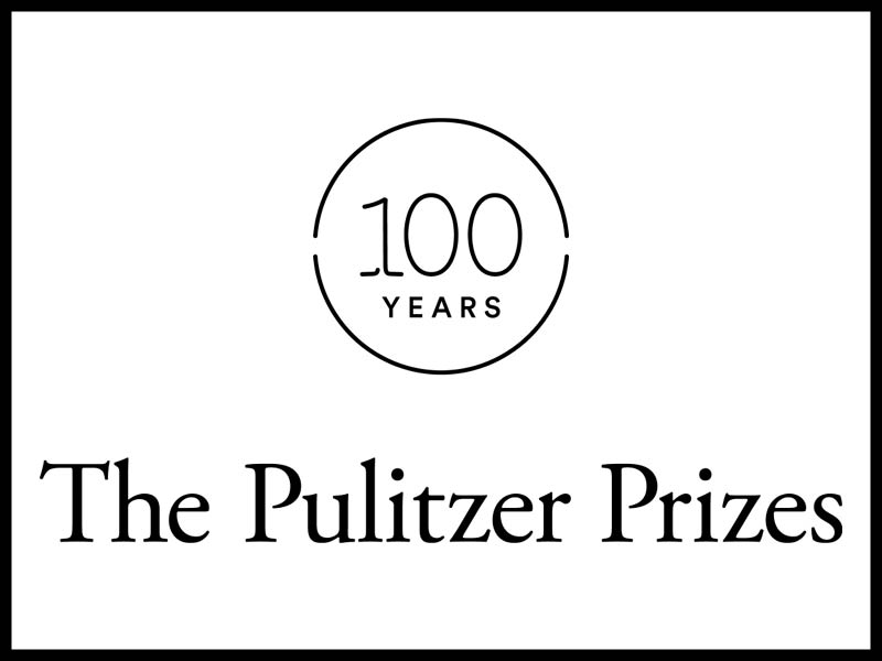 Logo for 100 years of the Pulitzer Prizes featuring a black and white theme with a circular emblem.