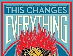 Cropped image of the movie poster for the movie, This Changes Everyhthing by Avi Lewis, featuring a burning Earth on a blue background.