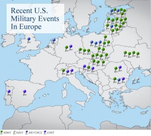Map of Europe containing a visual representation of the army, navy, air force and joint military engagements made by the United States in recent history.