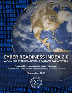Cover image for the Cyber Readiness Index 2.0 with a globe over a background of ones and zeroes.