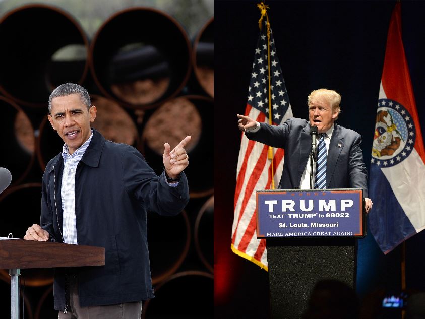 Juxtaposing images of President Barack Obama and Republican candidate for the presidency Donald Trump pointing into the crowd at speaking engagements.