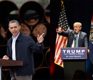 Juxtaposing images of President Barack Obama and Republican candidate for the presidency Donald Trump pointing into the crowd at speaking engagements.