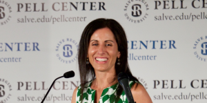 Photograph of 2015 Pell Center Prize winner, Lisa Genova, speaking at the Pell Center.