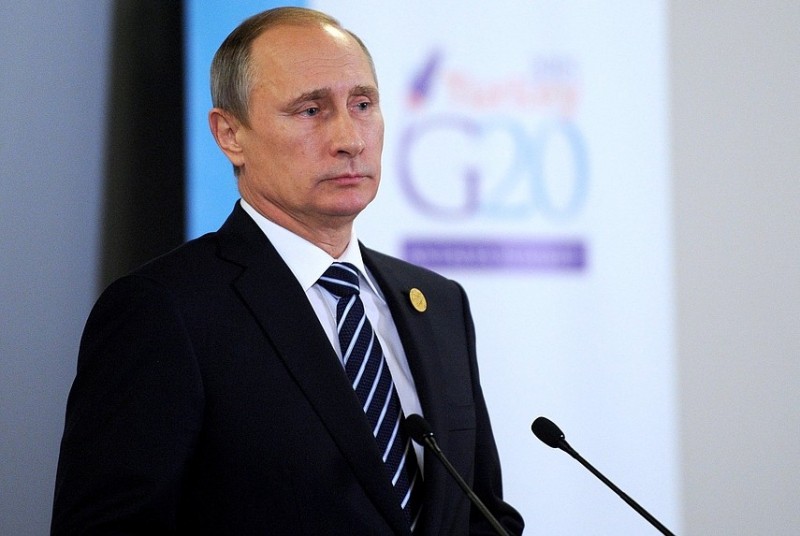 Photo of Russian president Vladimir Putin at a speaking engagement.
