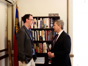 Pell Center Executive Director Jim Ludes speaks with Scott Bates during a podcast.