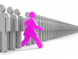 Symbol of a woman stepping forward out of a column of men