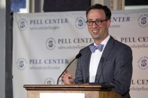 Pell Center Executive Director Jim Ludes smiles as he introduces Javier Manzano, the recipient of the 2016 Pell Center Prize for Story in the Public Square.