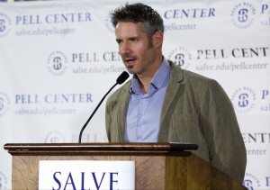 Pell Center Prize winner Javier Manzano speaks from the podium during an event for the acceptance of his award.