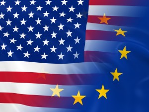 Flags of the United States of America and the European Union Fading Together