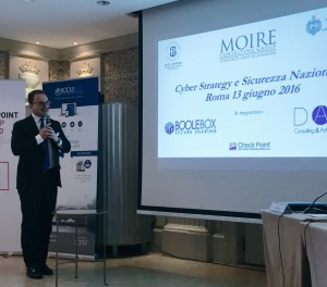 President of Moire Consulting, Stefano Mele, makes a presentation at a cybersecurity conference in Rome, Italy.