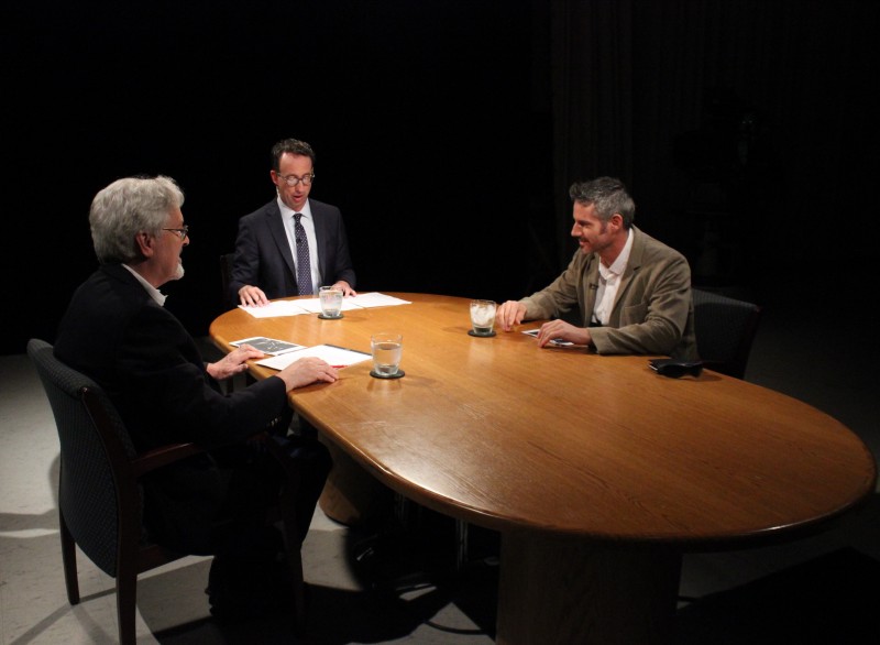 The Pell Center's Executive Director Jim Ludes and the Providence Journal's G. Wayne Miller sit down with photojournalist Javier Manzano on the set of Story in the Public Square.