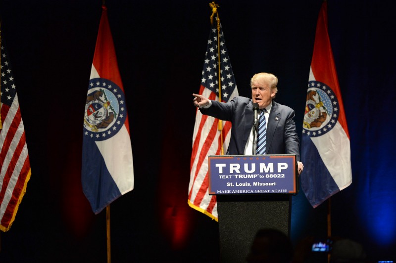 Photo of Donald Trump speaking animatedly to the crowd at a campaign rally in St. Louis, Missouri