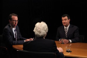 Executive Director Jim Ludes and fellow G. Wayne Miller speak with emmy award-winning broadcast journalist David Schuster