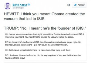 Screen grab of a tweet by Sahil Kapur chronicling an interview in which Donald Trump decides President Obama was the founder of ISIS.