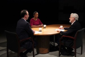 Pell Center Executive Director Jim Ludes and fellow G. Wayne Miller speak with Raina Kelley on the set of Story in the Public Square.