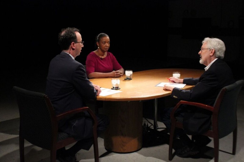 Pell Center Executive Director Jim Ludes and fellow G. Wayne Miller speak with Raina Kelley on the set of Story in the Public Square.