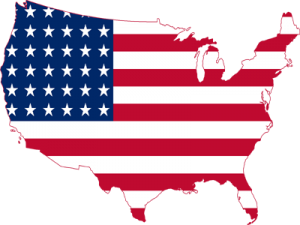 Map of the continental United States filled in with an American Flag pattern.