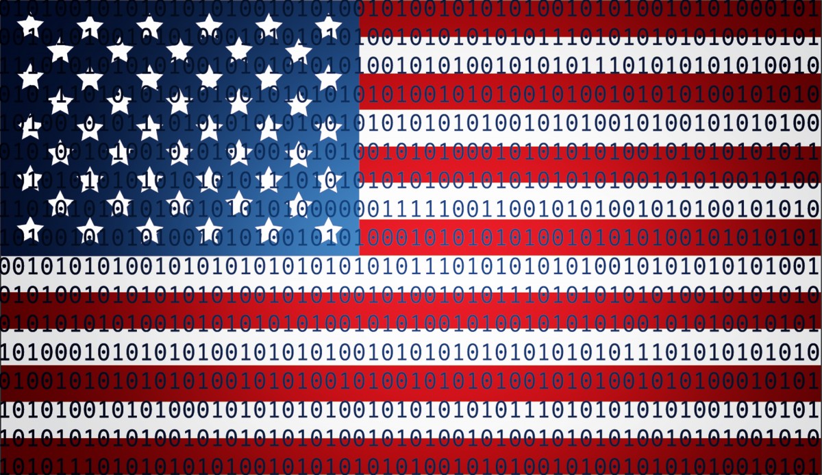 American flag with cyber code over the image.