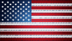 American flag with cyber code over the image.