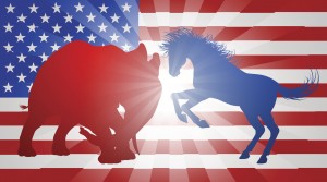 American flag with the Republican elephant and the Democratic donkey clashing against one another.