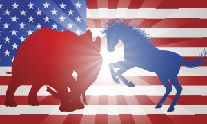 American flag with the Republican elephant and the Democratic donkey clashing against one another.