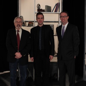 G. Wayne Miller and Jim Ludes pose with Jonathan Alexandratos on set of Story in the Public Square