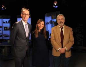 G. Wayne Miller and Jim Ludes pose with Katherine Brown on set of Story in the Public Square