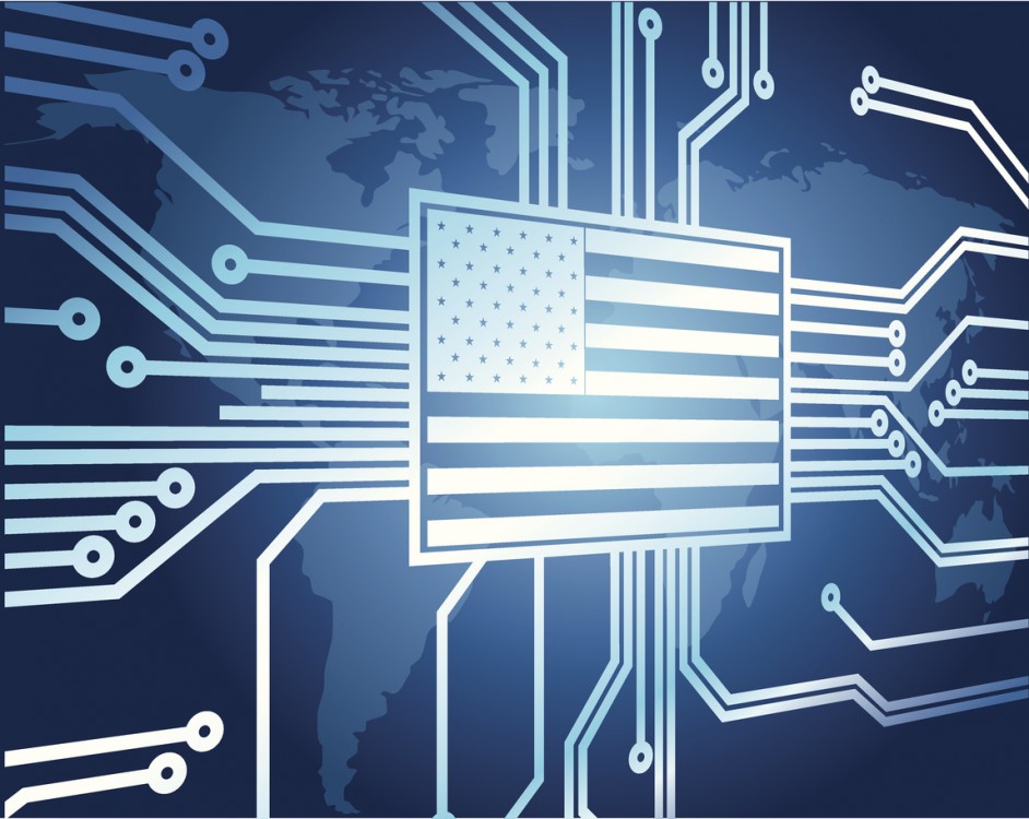 An American flag at center of a cyber grid