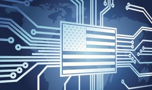 An American flag at center of a cyber grid