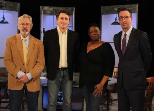 G. Wayne Miller and Jim Ludes pose with Kevin Doyle and Sauda Jackson on set of "Story in the Public Square"