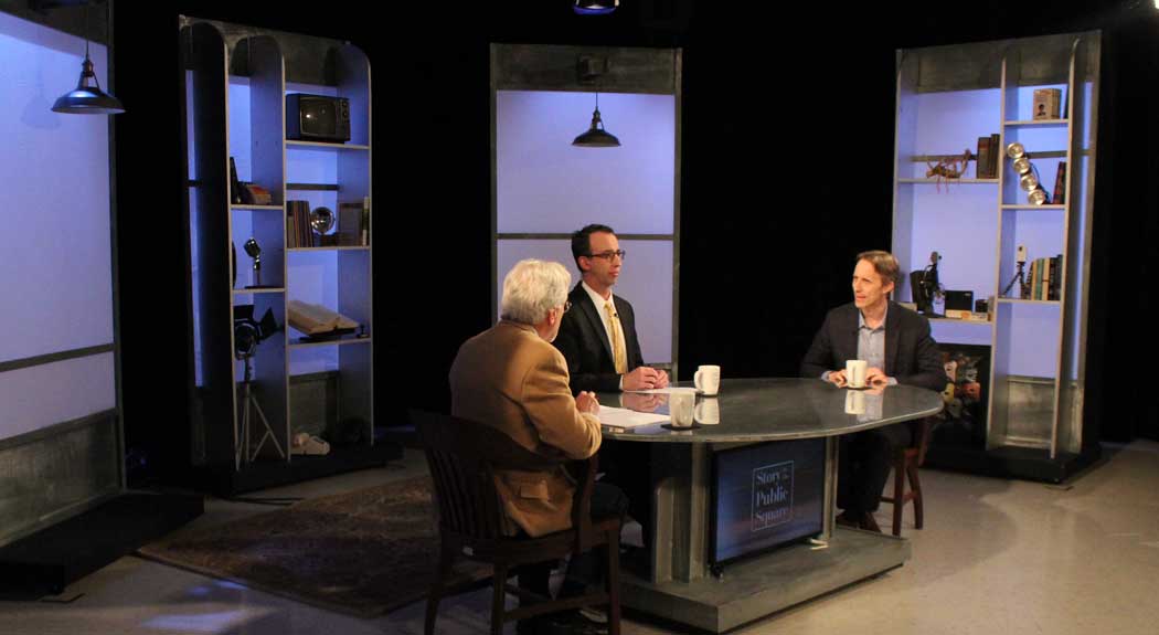 G. Wayne Miller, Jim Ludes and Michael Corkery sitting on set at Story in the Public Square.