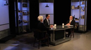 Jim Ludes and G. Wayne Miller with Michael Kennedy on set of "Story in the Public Square"