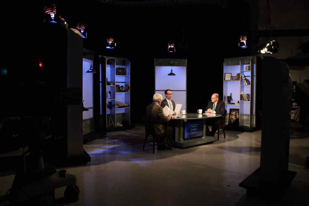 Jim Ludes and G. Wayne Miller with Bob Hackey on set of "Story in the Public Square"
