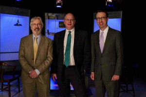 G. Wayne Miller and Jim Ludes pose with Bob Hackey on set of "Story in the Public Square"