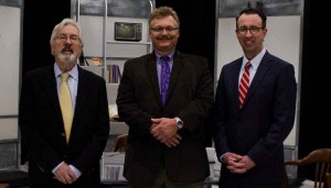 G. Wayne Miller and Jim Ludes pose with Sean Kay on set of "Story in the Public Square"