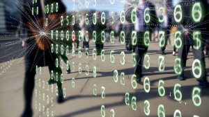 Streams of binary code being transmitted from the phones and tablets of people walking to work over London Bridge