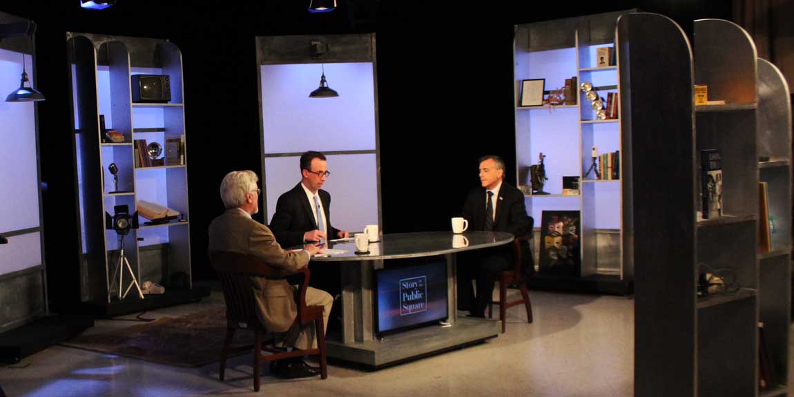 G. Wayne Miller, Jim Ludes interview Paul Gionfriddo on set of "Story in the Public Square"