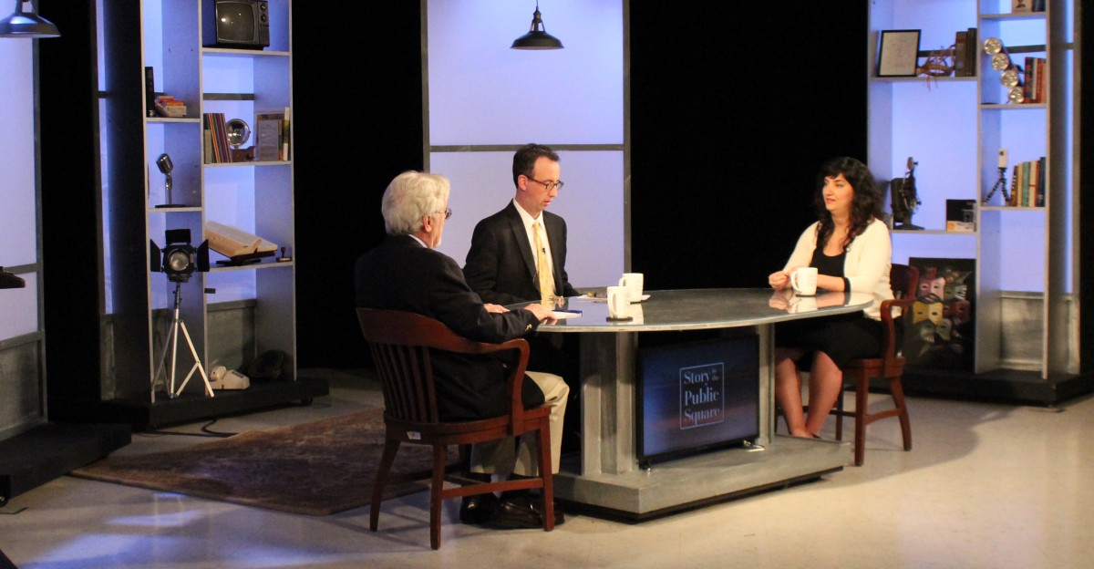 G. Wayne Miller, Jim Ludes interview Narges Bajoghli on set of "Story in the Public Square"